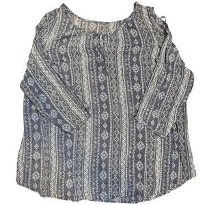 Women's Blue Boho Peasant Blouse Long Sleeve Tie Neck Rayon Folk Top